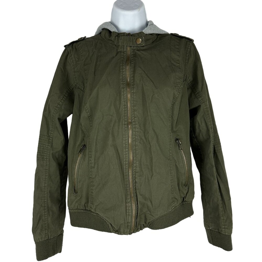 B Sweet Olive Green Womens Bomber Jacket Medium Zip Up Hooded Casual Lightweight